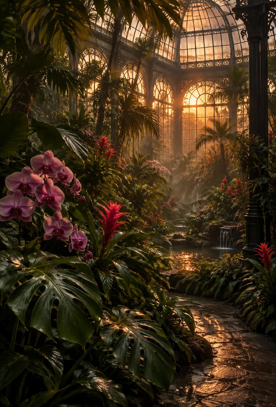 Serre tropicale au coucher du soleil